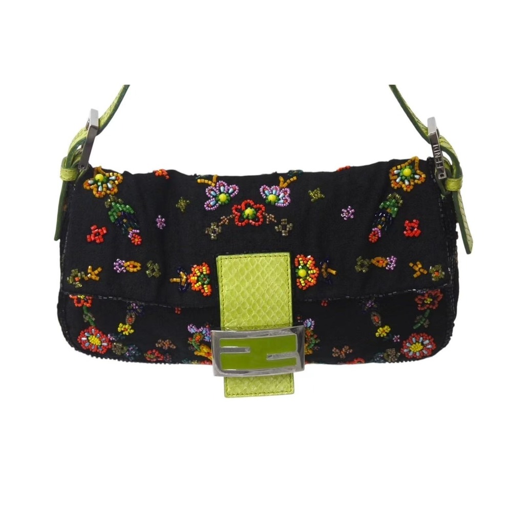 Fendi Bucket Hobo Logo Multicolored Beaded Mamma Black Green Shoulder Bag One